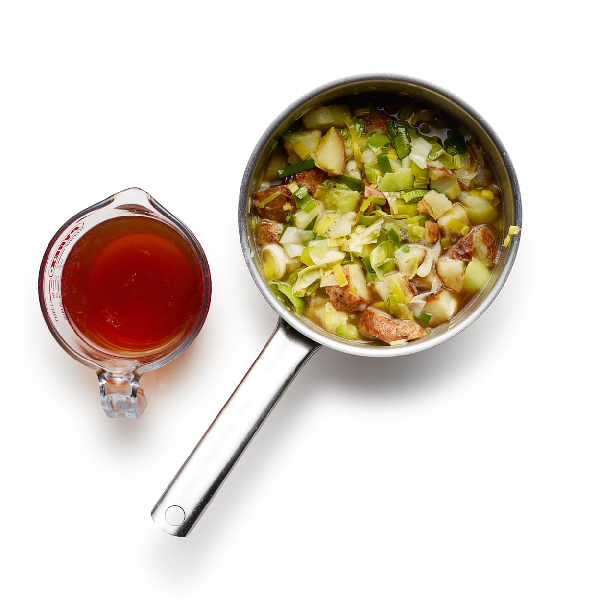 Fry the leeks in butter, then add the chopped, unskinned potatoes, and stir to coat, before adding stock.